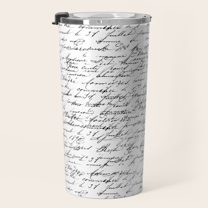 Vintage Handwriting Black And White Nostalgic Texture Travel Mug Gallery Image 3