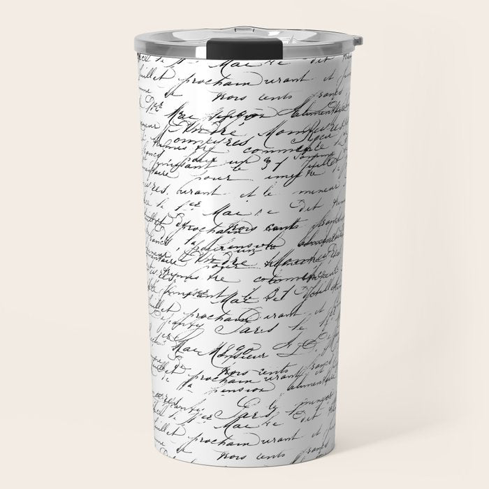 Vintage Handwriting Black And White Nostalgic Texture Travel Mug Gallery Image 1