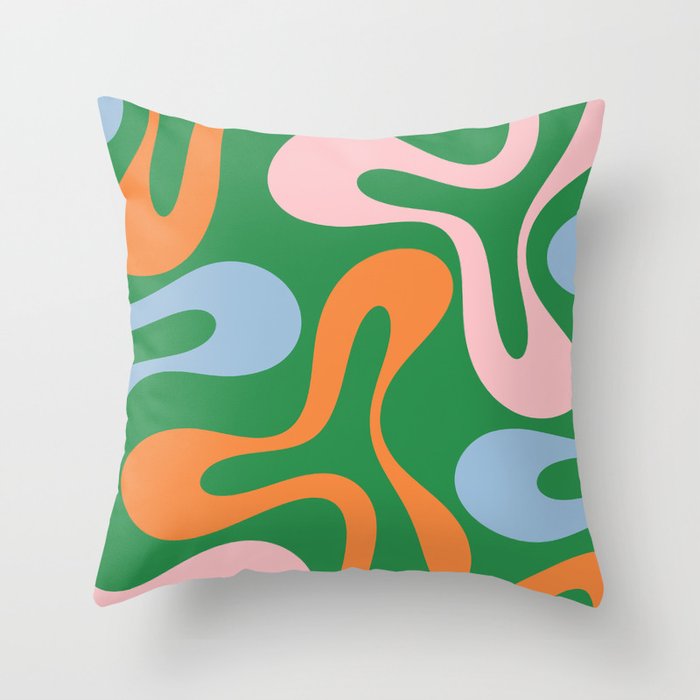 Soft Curves Retro Modern Abstract Pattern in Bold Green, Light Blue, Orange and Pink Throw Pillow Gallery Image 1
