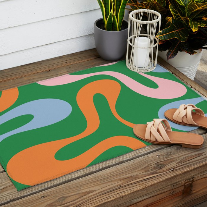 Soft Curves Retro Modern Abstract Pattern in Bold Green, Light Blue, Orange and Pink Outdoor Rug Gallery Image 2