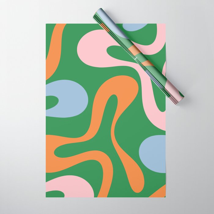 Soft Curves Retro Modern Abstract Pattern in Bold Green, Light Blue, Orange and Pink Wrapping Paper Gallery Image 1