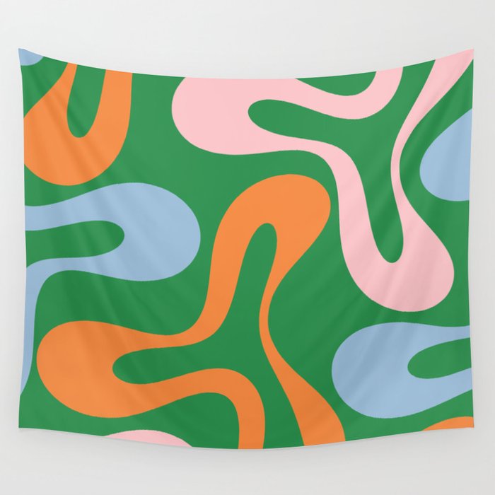 Soft Curves Retro Modern Abstract Pattern in Bold Green, Light Blue, Orange and Pink Wall Tapestry Gallery Image 4