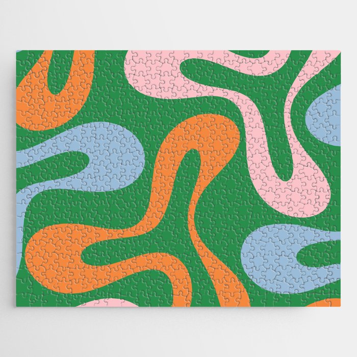 Soft Curves Retro Modern Abstract Pattern in Bold Green, Light Blue, Orange and Pink Jigsaw Puzzle Gallery Image 1