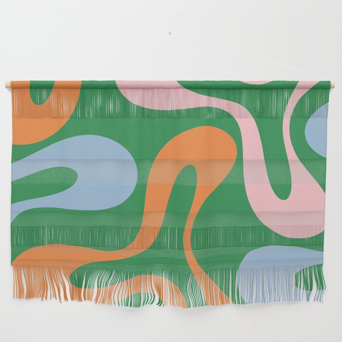 Soft Curves Retro Modern Abstract Pattern in Bold Green, Light Blue, Orange and Pink Wall Hanging Gallery Image 1