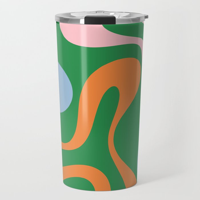 Soft Curves Retro Modern Abstract Pattern in Bold Green, Light Blue, Orange and Pink Travel Mug Gallery Image 1