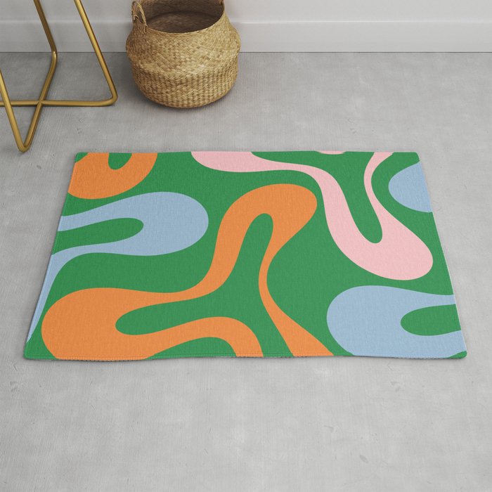 Soft Curves Retro Modern Abstract Pattern in Bold Green, Light Blue, Orange and Pink Rug Gallery Image 1