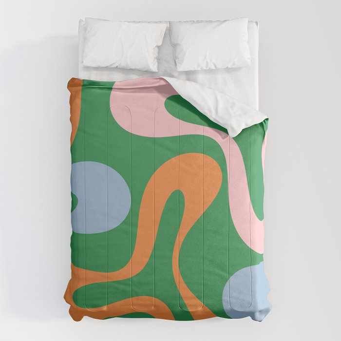 Soft Curves Retro Modern Abstract Pattern in Bold Green, Light Blue, Orange and Pink Comforter Gallery Image 6