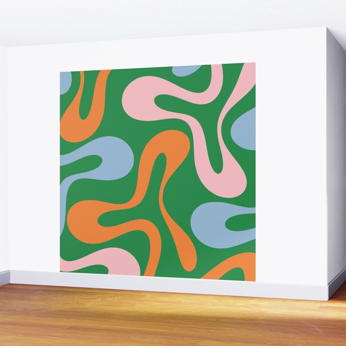 Soft Curves Retro Modern Abstract Pattern in Bold Green, Light Blue, Orange and Pink Wall Mural Gallery Image 2
