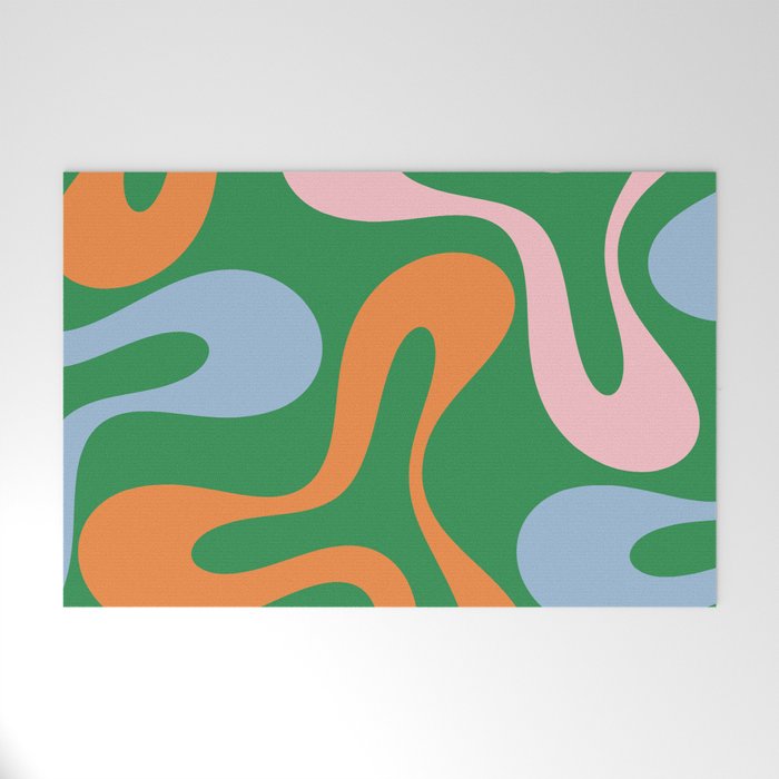 Soft Curves Retro Modern Abstract Pattern in Bold Green, Light Blue, Orange and Pink Welcome Mat Gallery Image 1
