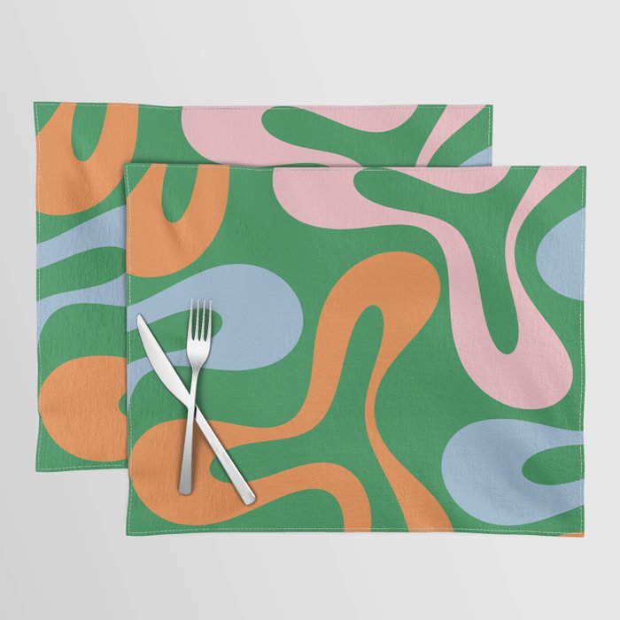 Soft Curves Retro Modern Abstract Pattern in Bold Green, Light Blue, Orange and Pink Placemat Gallery Image 1