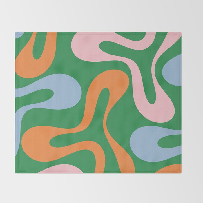Soft Curves Retro Modern Abstract Pattern in Bold Green, Light Blue, Orange and Pink Throw Blanket Gallery Image 2