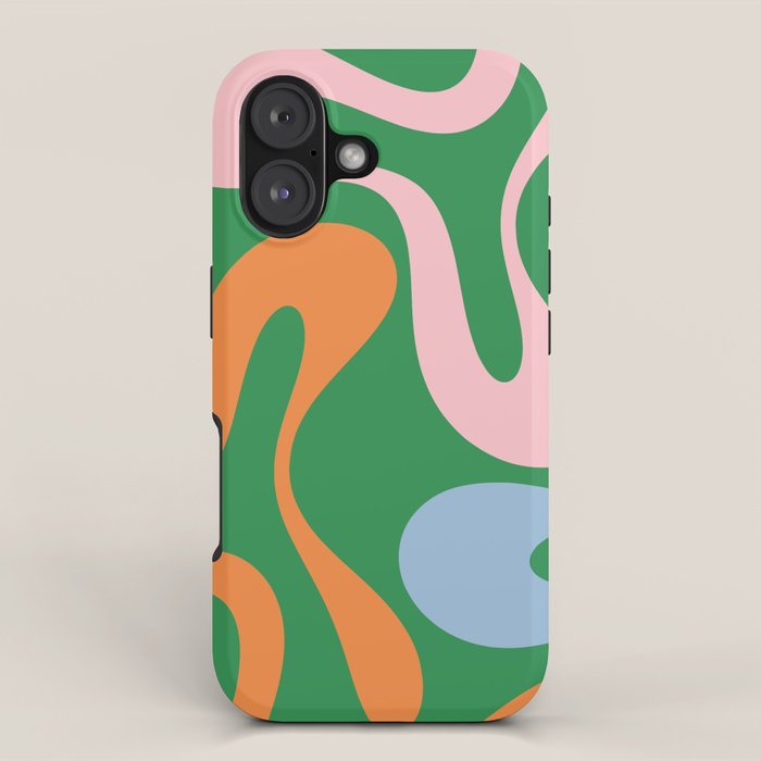 Soft Curves Retro Modern Abstract Pattern in Bold Green, Light Blue, Orange and Pink iPhone Case Gallery Image 1