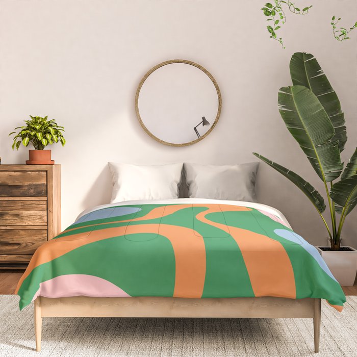 Soft Curves Retro Modern Abstract Pattern in Bold Green, Light Blue, Orange and Pink Comforter Gallery Image 3
