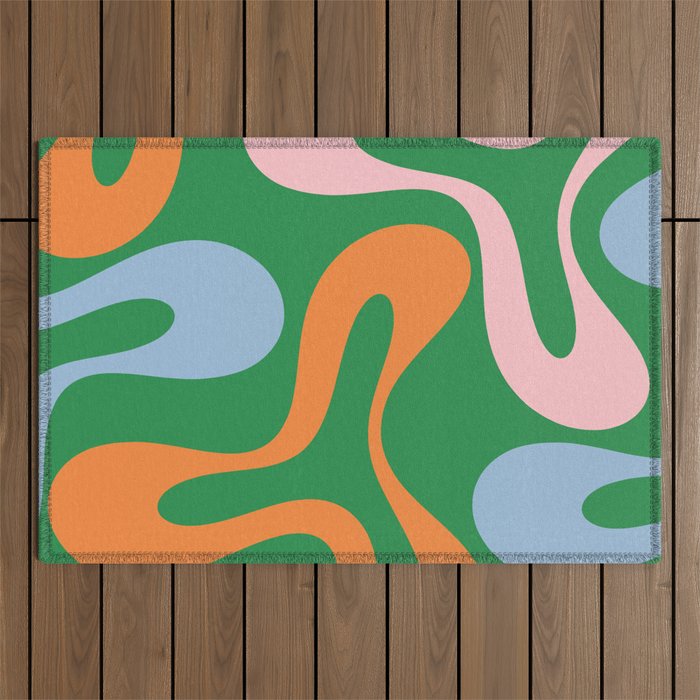 Soft Curves Retro Modern Abstract Pattern in Bold Green, Light Blue, Orange and Pink Outdoor Rug Gallery Image 1