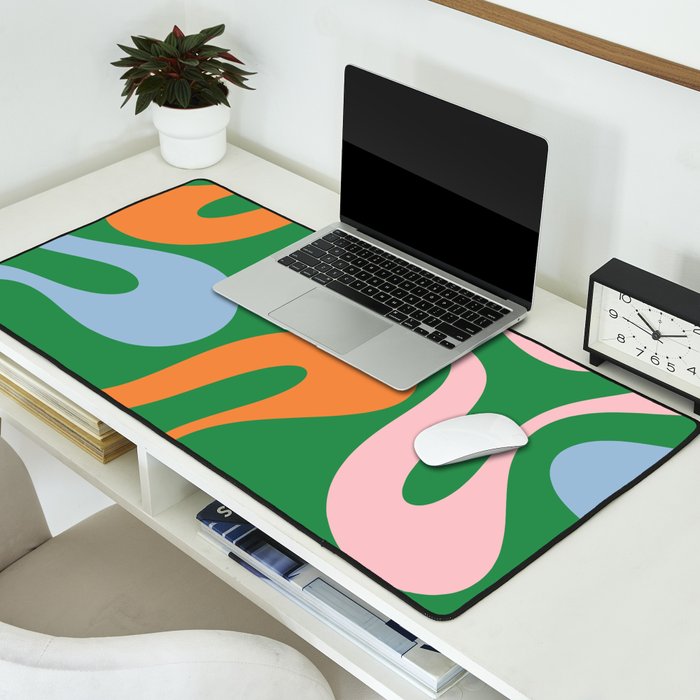 Soft Curves Retro Modern Abstract Pattern in Bold Green, Light Blue, Orange and Pink Desk Mat Gallery Image 2