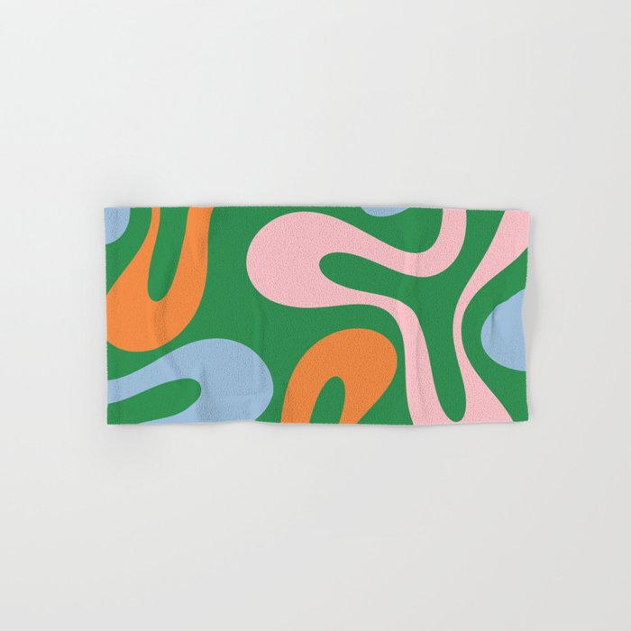 Soft Curves Retro Modern Abstract Pattern in Bold Green, Light Blue, Orange and Pink Bath Towel Gallery Image 1