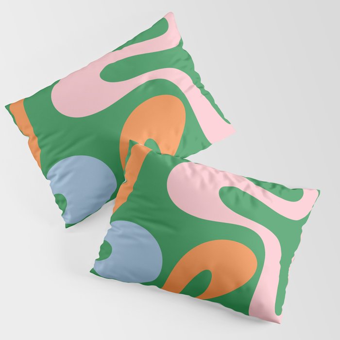 Soft Curves Retro Modern Abstract Pattern in Bold Green, Light Blue, Orange and Pink Pillow Sham Gallery Image 3