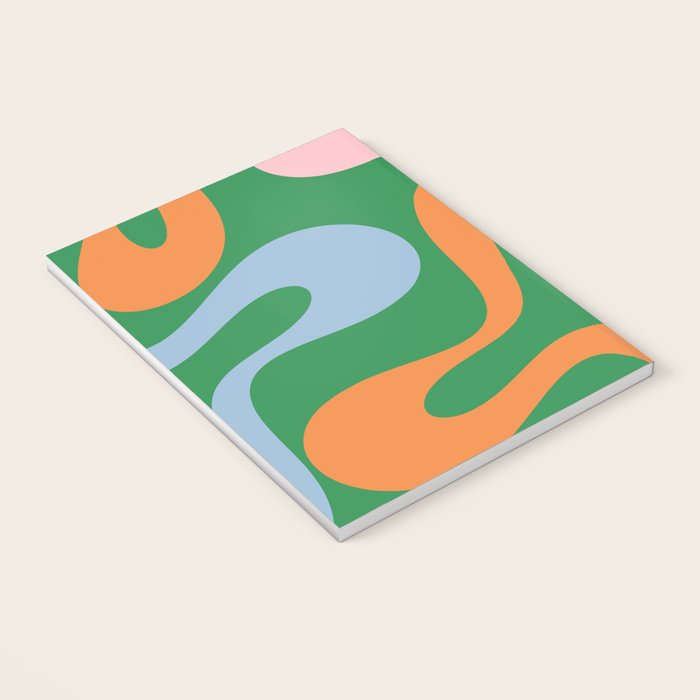 Soft Curves Retro Modern Abstract Pattern in Bold Green, Light Blue, Orange and Pink Notebook Gallery Image 3