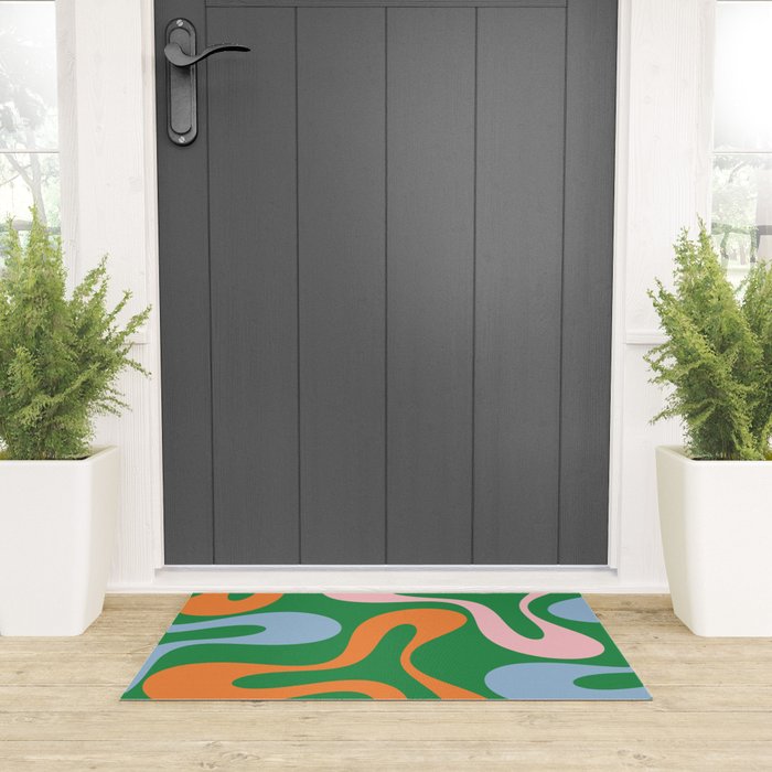 Soft Curves Retro Modern Abstract Pattern in Bold Green, Light Blue, Orange and Pink Welcome Mat Gallery Image 3
