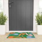Soft Curves Retro Modern Abstract Pattern in Bold Green, Light Blue, Orange and Pink Welcome Mat Gallery Image 3