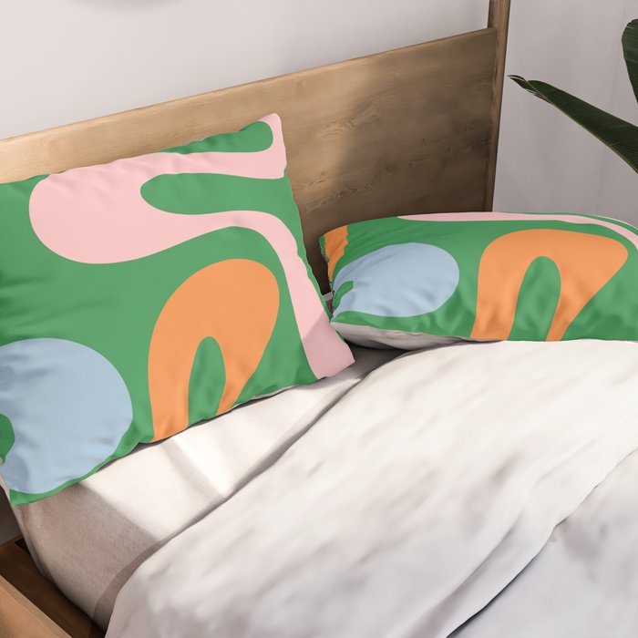 Soft Curves Retro Modern Abstract Pattern in Bold Green, Light Blue, Orange and Pink Pillow Sham Gallery Image 2