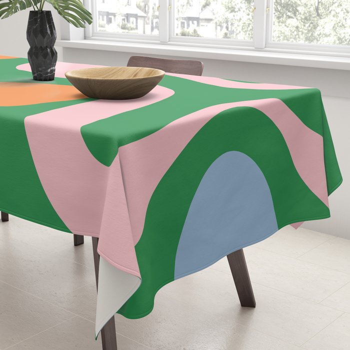 Soft Curves Retro Modern Abstract Pattern in Bold Green, Light Blue, Orange and Pink Tablecloth Gallery Image 3