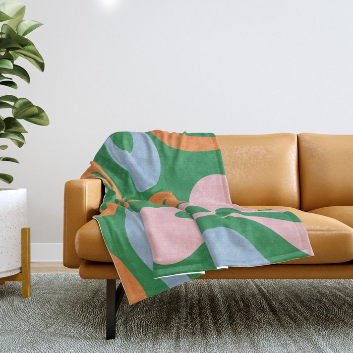 Soft Curves Retro Modern Abstract Pattern in Bold Green, Light Blue, Orange and Pink Throw Blanket Gallery Image 1