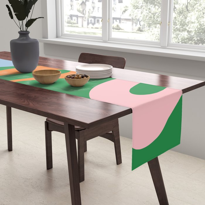 Soft Curves Retro Modern Abstract Pattern in Bold Green, Light Blue, Orange and Pink Table Runner Gallery Image 2