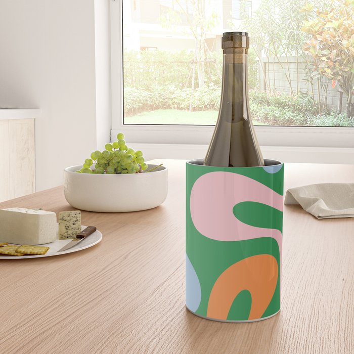 Soft Curves Retro Modern Abstract Pattern in Bold Green, Light Blue, Orange and Pink Wine Chiller Gallery Image 4