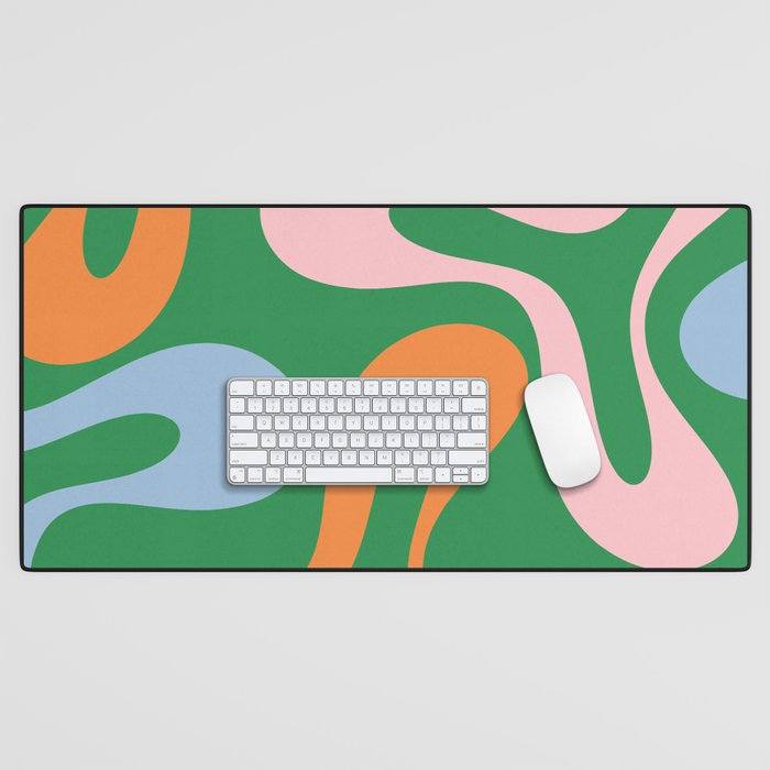 Soft Curves Retro Modern Abstract Pattern in Bold Green, Light Blue, Orange and Pink Desk Mat Gallery Image 1