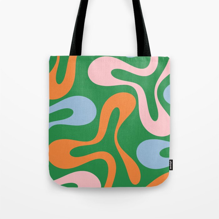 Soft Curves Retro Modern Abstract Pattern in Bold Green, Light Blue, Orange and Pink Tote Bag Gallery Image 1