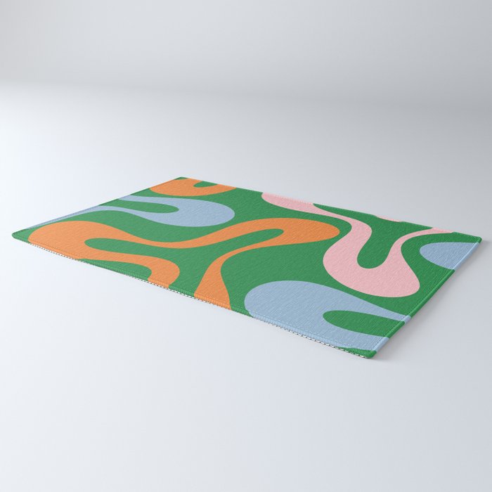 Soft Curves Retro Modern Abstract Pattern in Bold Green, Light Blue, Orange and Pink Rug Gallery Image 3