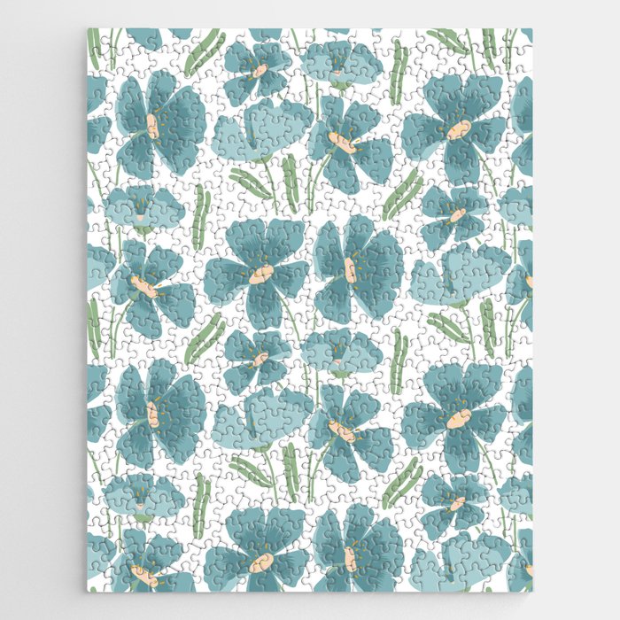 Harleigh Floral Art, Teal and White Jigsaw Puzzle Gallery Image 1