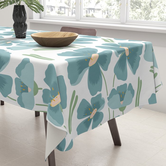 Harleigh Floral Art, Teal and White Tablecloth Gallery Image 3