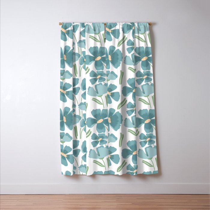 Harleigh Floral Art, Teal and White Window Curtain Gallery Image 3