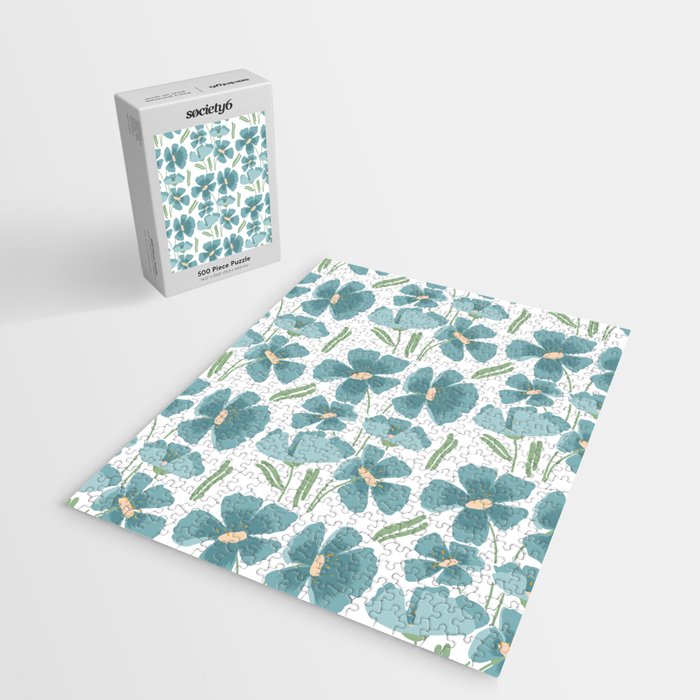 Harleigh Floral Art, Teal and White Jigsaw Puzzle Gallery Image 2