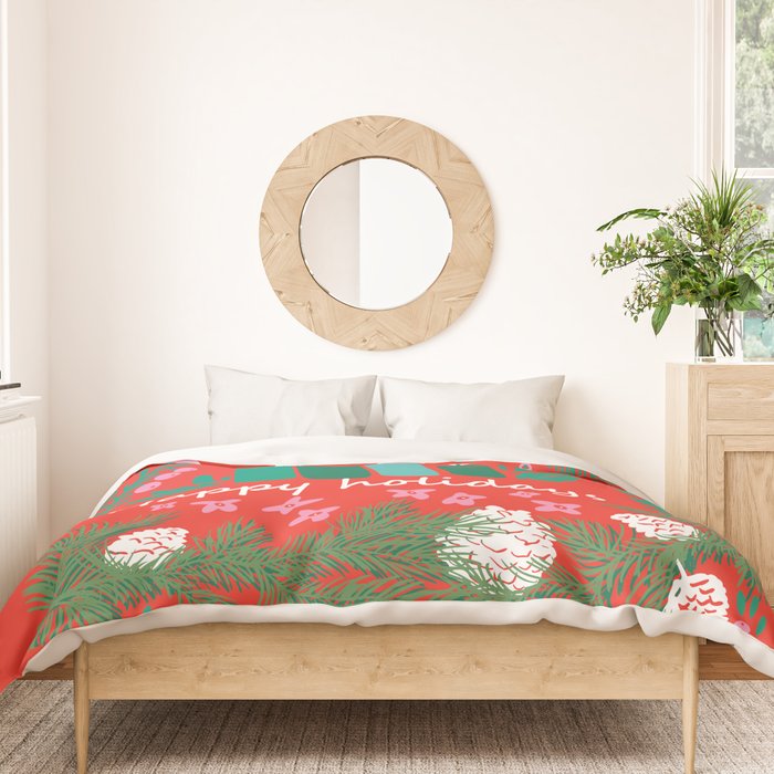 happy holidays greetings - folk art illustration Duvet Cover Gallery Image 3