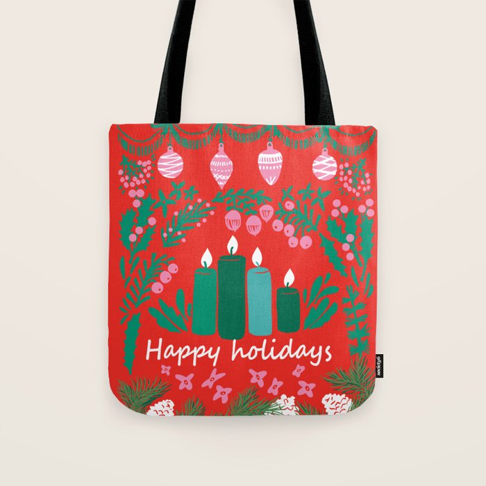 happy holidays greetings - folk art illustration Tote Bag Gallery Image 1