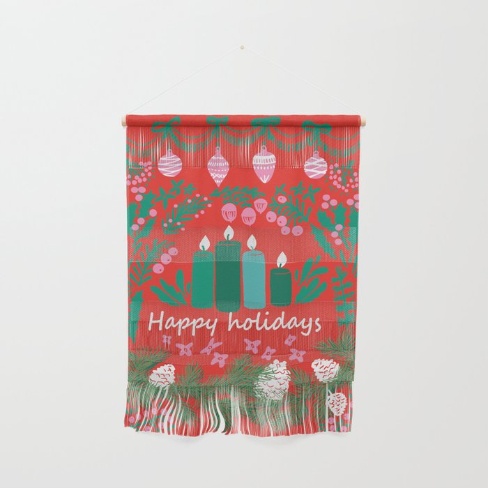 happy holidays greetings - folk art illustration Wall Hanging Gallery Image 1