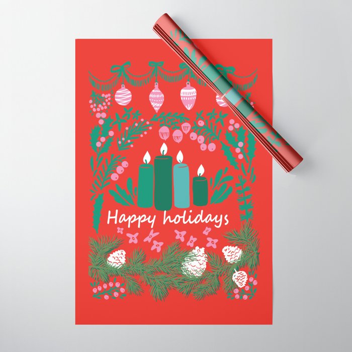 happy holidays greetings - folk art illustration Wrapping Paper Gallery Image 1