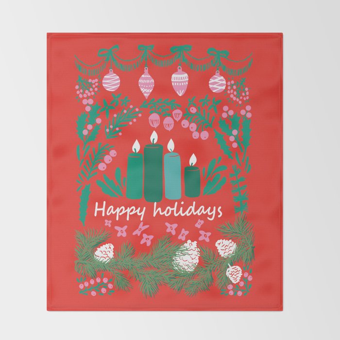 happy holidays greetings - folk art illustration Throw Blanket Gallery Image 2