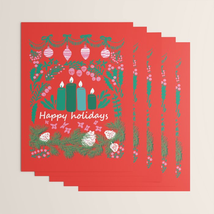 happy holidays greetings - folk art illustration Wrapping Paper Gallery Image 3