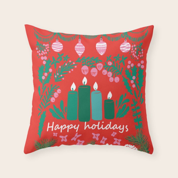 happy holidays greetings - folk art illustration Throw Pillow Gallery Image 6