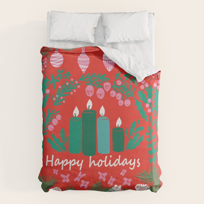 happy holidays greetings - folk art illustration Duvet Cover Gallery Image 6