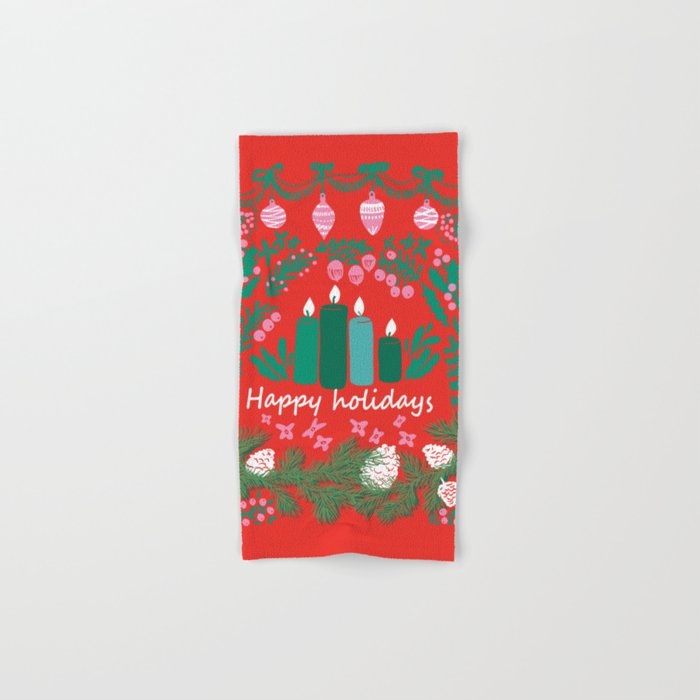 happy holidays greetings - folk art illustration Bath Towel Gallery Image 1