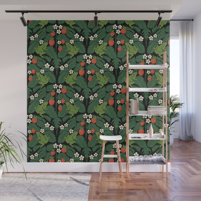 Bullfrogs And Wild Strawberries On Black Wall Mural Gallery Image 1