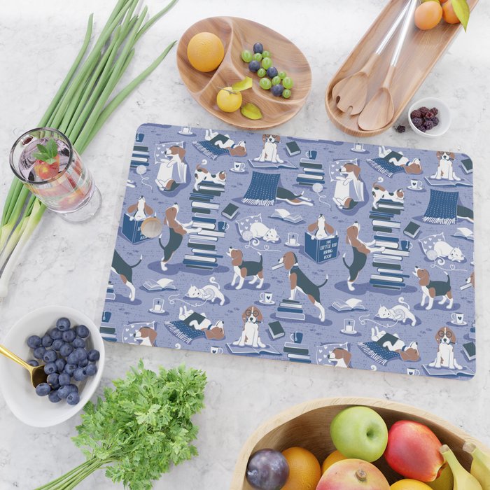 Life is better with books a hot drink and a friend // indigo blue background brown white and blue beagles and cats and classic blue cozy details Cutting Board Gallery Image 2
