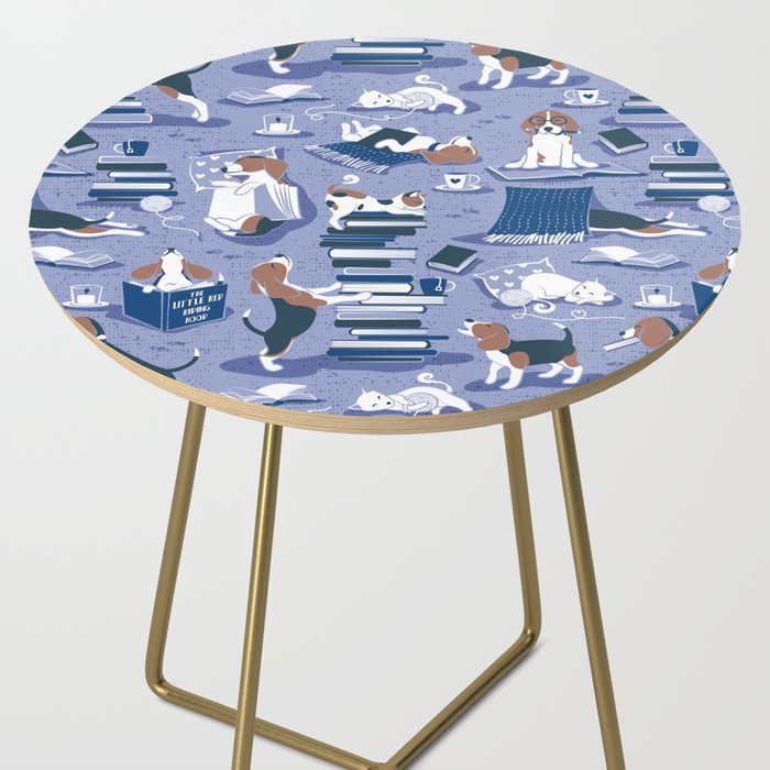 Life is better with books a hot drink and a friend // indigo blue background brown white and blue beagles and cats and classic blue cozy details Side Table Gallery Image 2