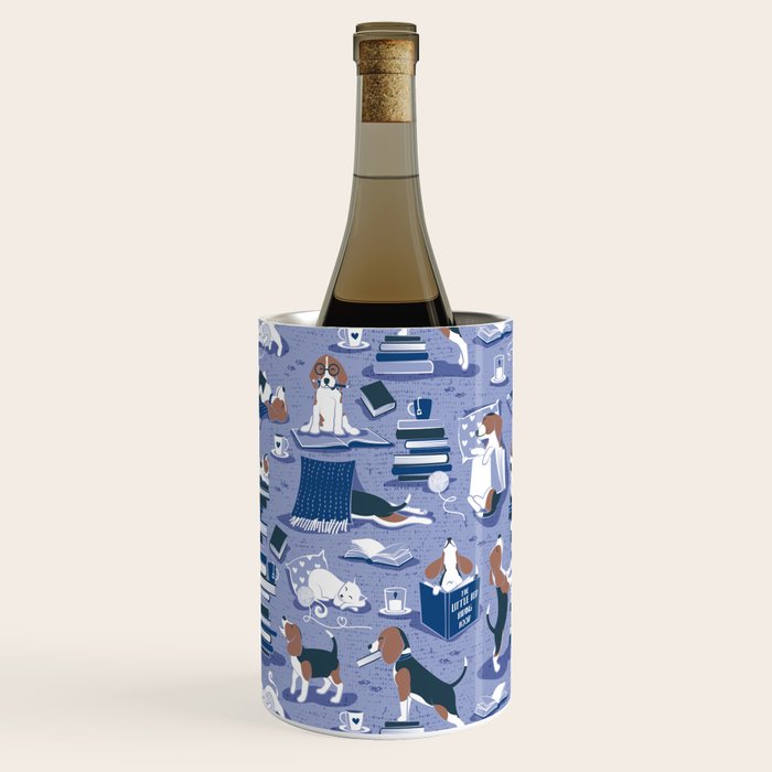Life is better with books a hot drink and a friend // indigo blue background brown white and blue beagles and cats and classic blue cozy details Wine Chiller Gallery Image 1