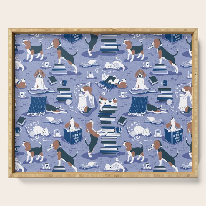 Life is better with books a hot drink and a friend // indigo blue background brown white and blue beagles and cats and classic blue cozy details Serving Tray Gallery Image 1
